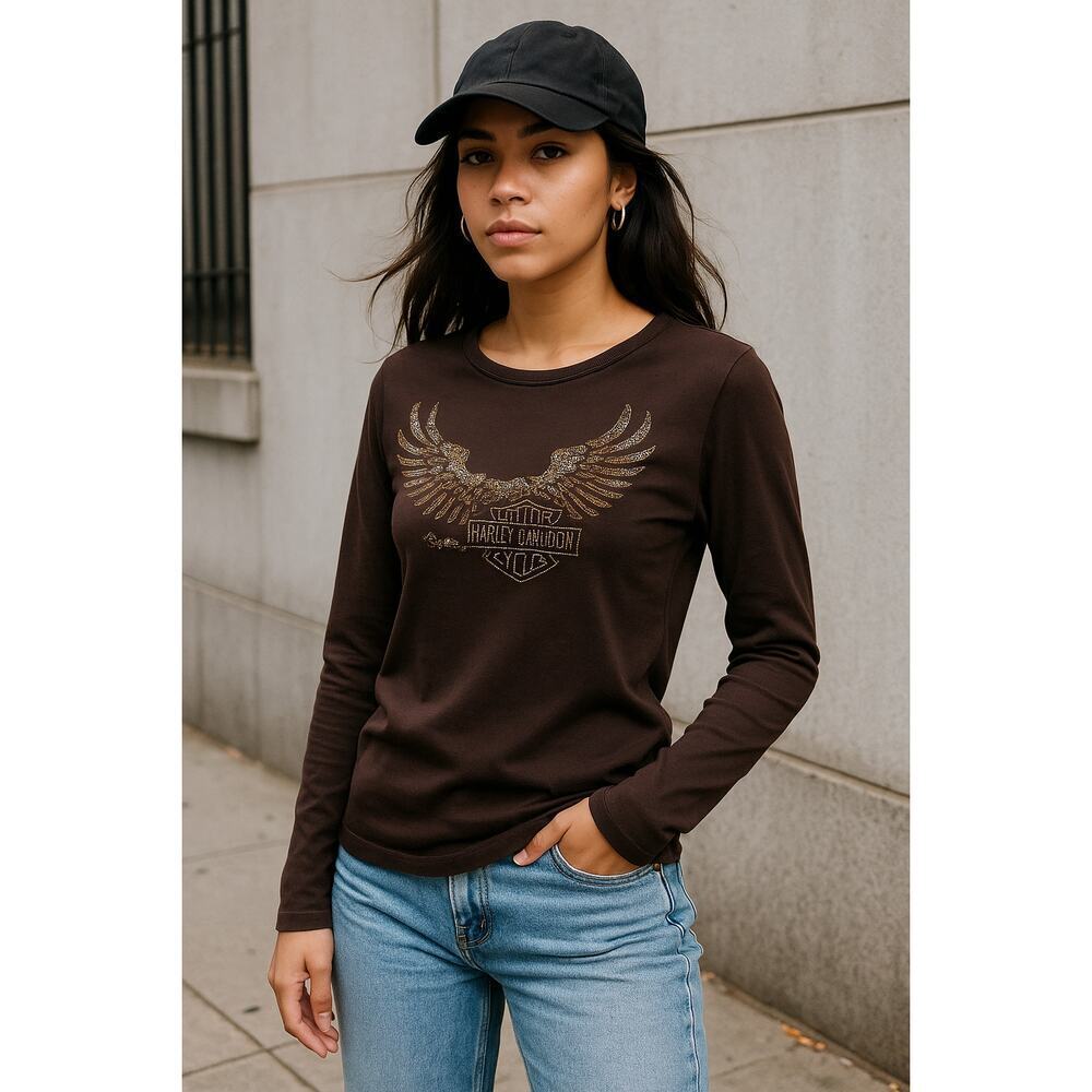 Harley-Davidson Long Sleeve Rhinestone Eagle Top Brown (L) Bob Dron Oakland, CA